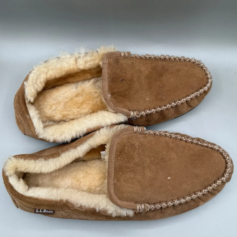 LL Bean‎ Wicked Good Suede & Lamb Fur Slippers Venetian Loafers Mens 13 Brown